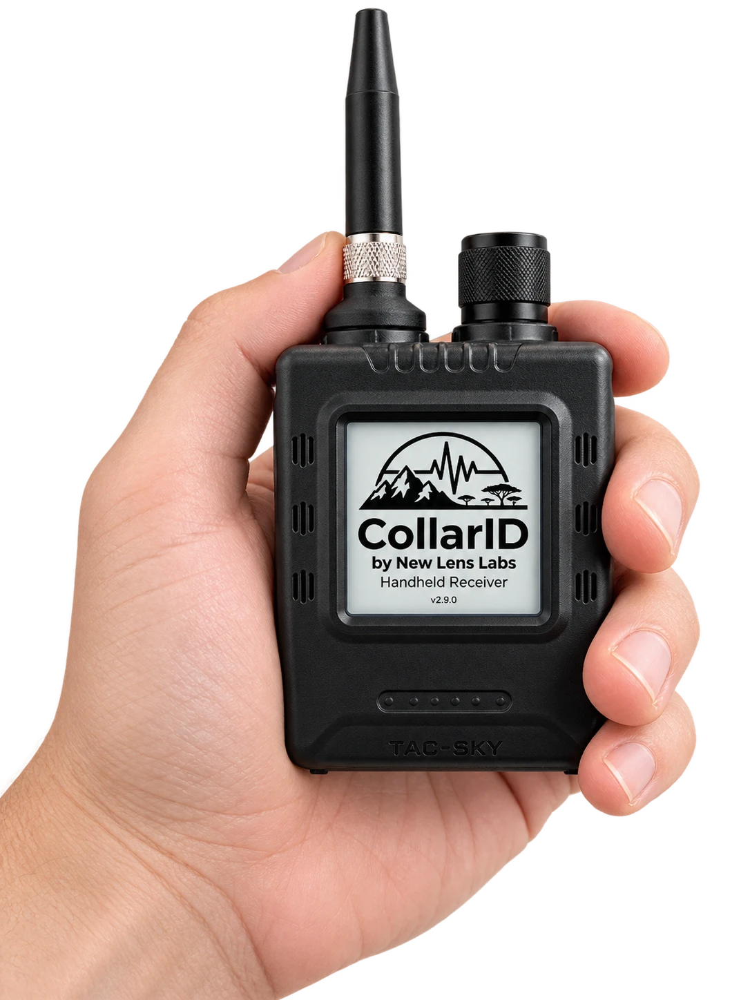 The CollarID handheld receiver in a hand: a black radio with a whip antenna and a small paper-like screen showing the CollarID logo