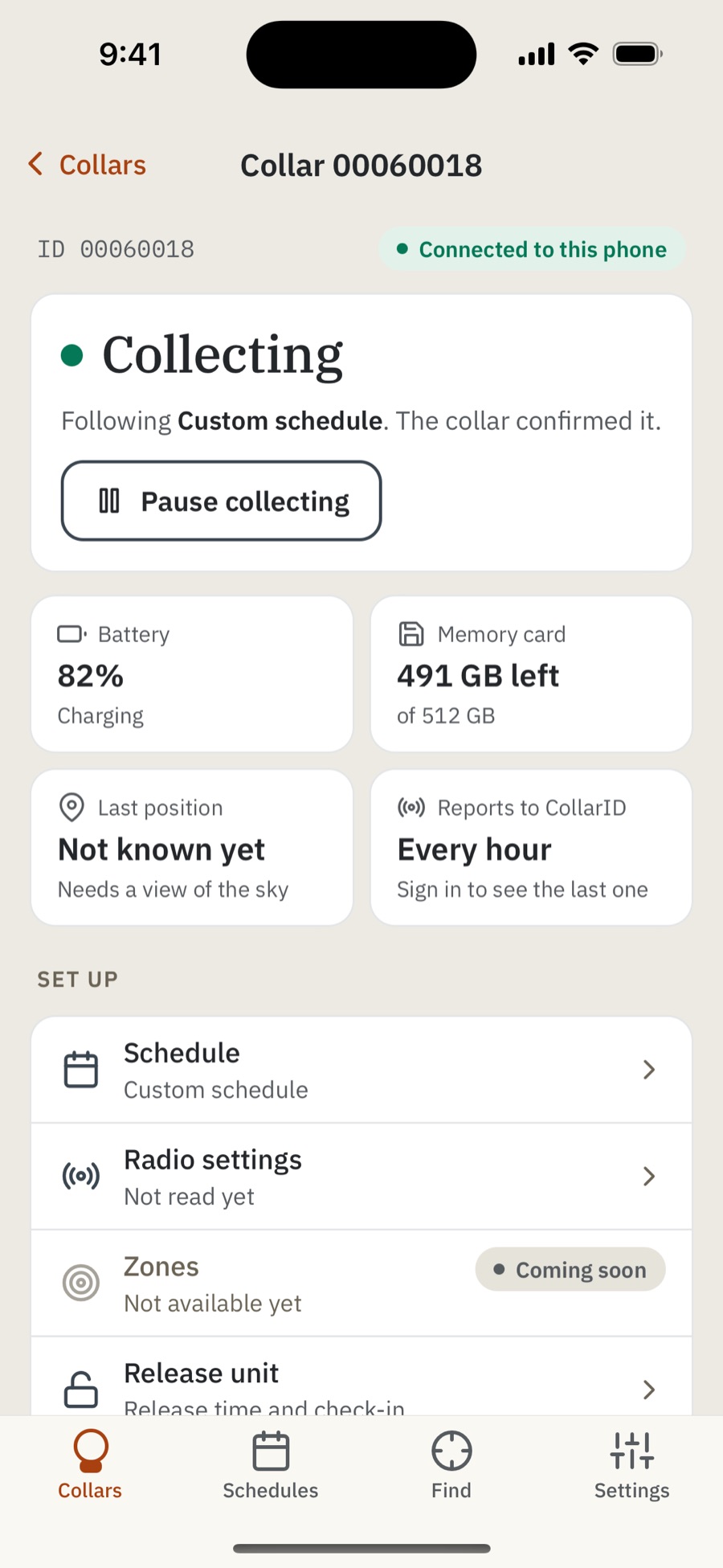 The redesigned app's collar screen: a collar that is collecting, its battery and memory card