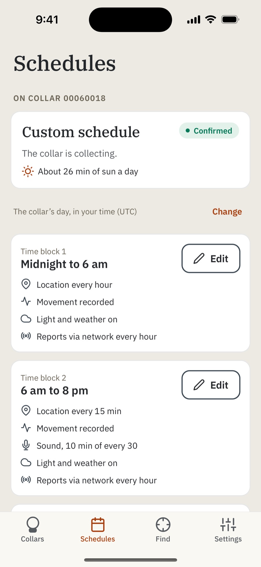 The redesigned app's Schedules screen, with a schedule's time blocks