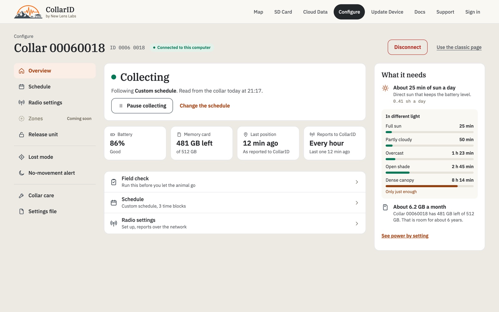 The new Configure page: a collar that is collecting, its battery, memory card and last position, and how much sun its schedule needs