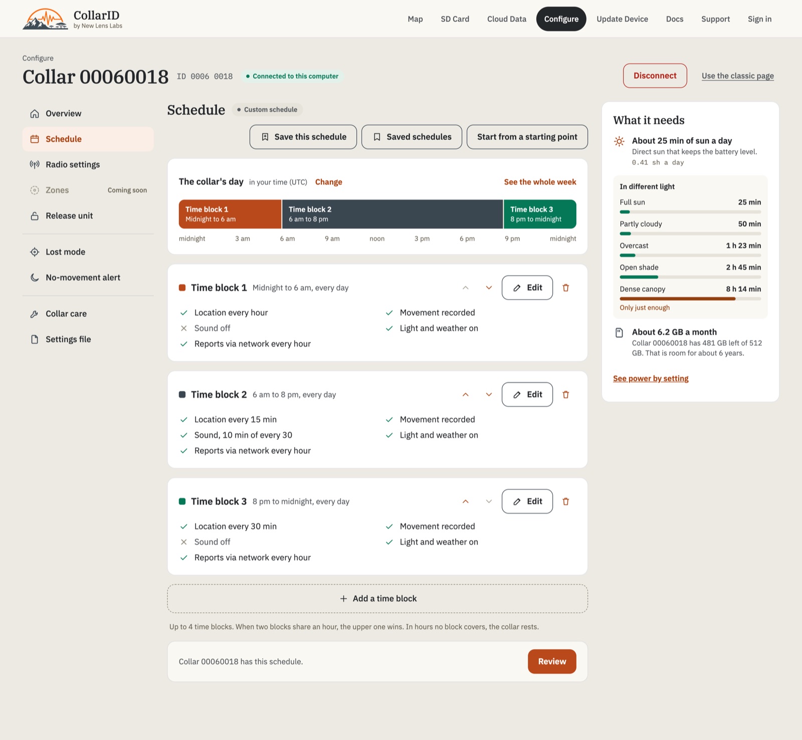 The new Schedule page, with a collar's day laid out as three time blocks