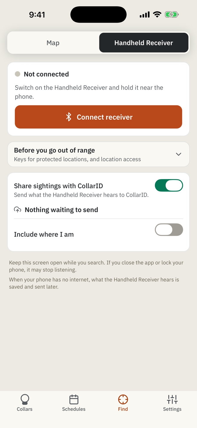 App screen for the handheld receiver: Connect receiver button, keys for protected locations, and share sightings with CollarID