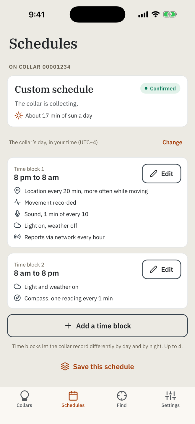 App screen showing a custom schedule with two time blocks, 8 pm to 8 am recording location, movement and sound, and 8 am to 8 pm recording light and weather