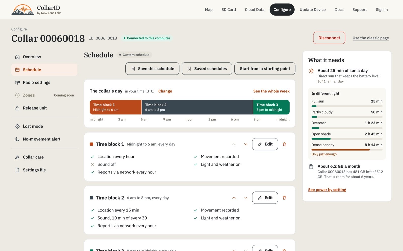 The CollarID web configurator on a laptop: a collar's day as three time blocks on a timeline, each listing what it records, and a panel showing about 25 minutes of sun a day needed